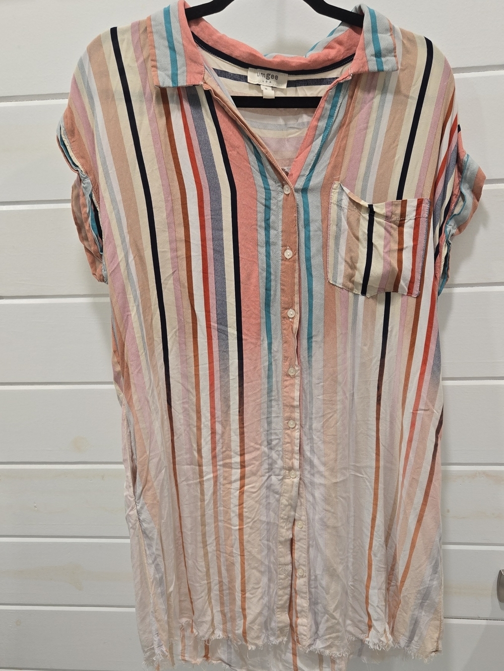 Umgee Multicolor Pastel Stripe Shirt Dress in Coral, Teal and Black